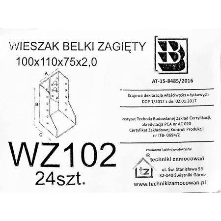 Wieszaki belki drewnianej zagięte WZ102 100x110x75x 2,0 mm (24 szt.)